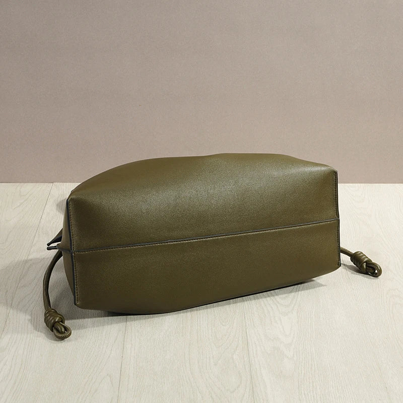 Women’s Cowhide Leather Lucky Bag – Pleated Drawstring Tote