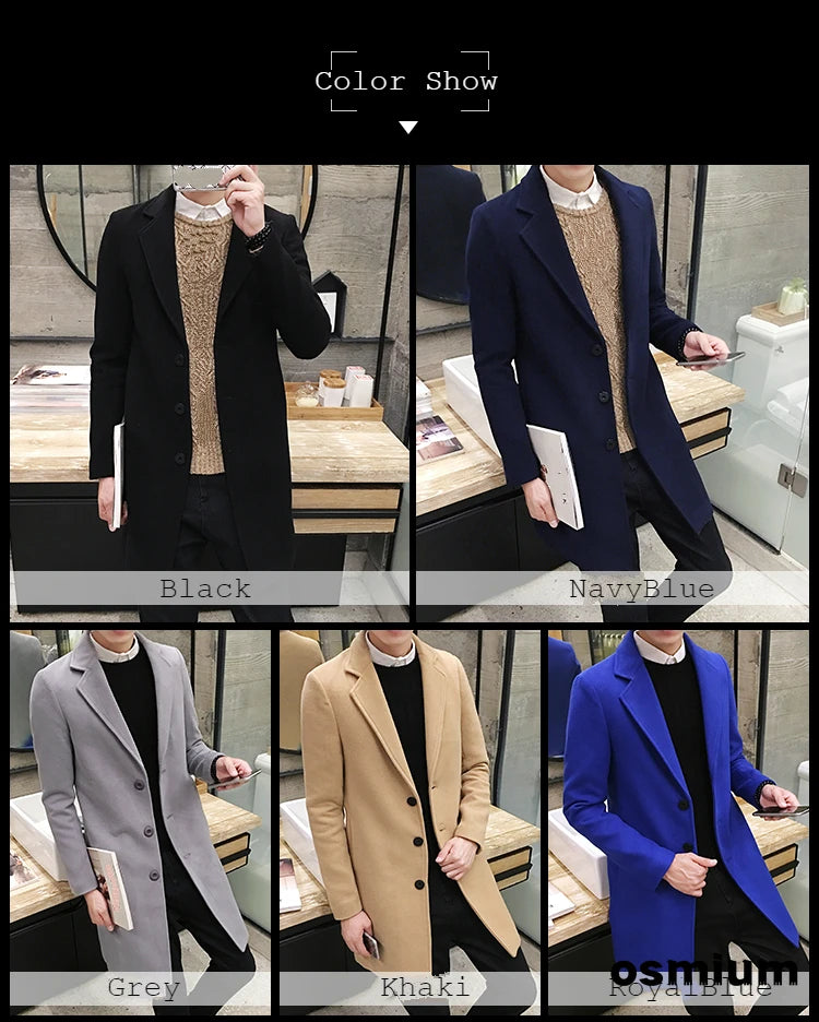 Men’s Woolen Long Coat – Slim Fit Korean Vintage Overcoat