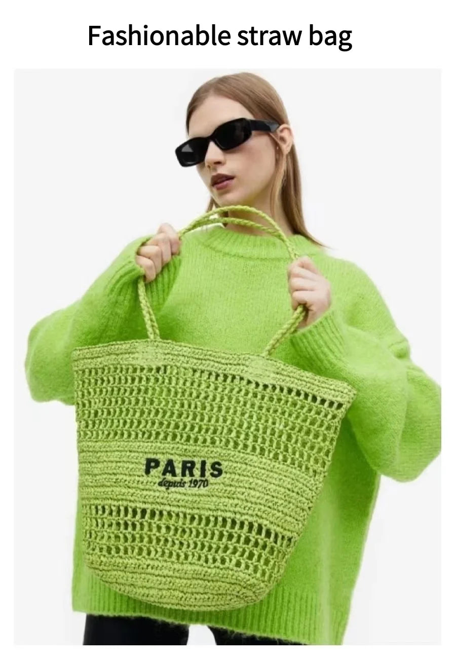 Women's Summer Beach Straw Style Tote Bag Handwoven Large Capacity Luxury Designer Travel Handbags Casual Portable Shoulder Bags