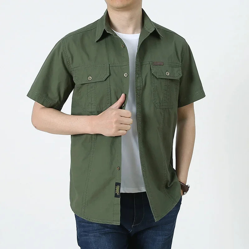 Men Cargo Shirt Short Sleeve Casual Cotton Work Shirt
