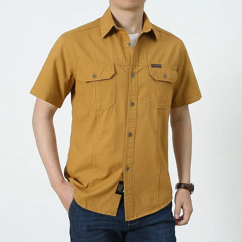 Men Cargo Shirt Short Sleeve Casual Cotton Work Shirt