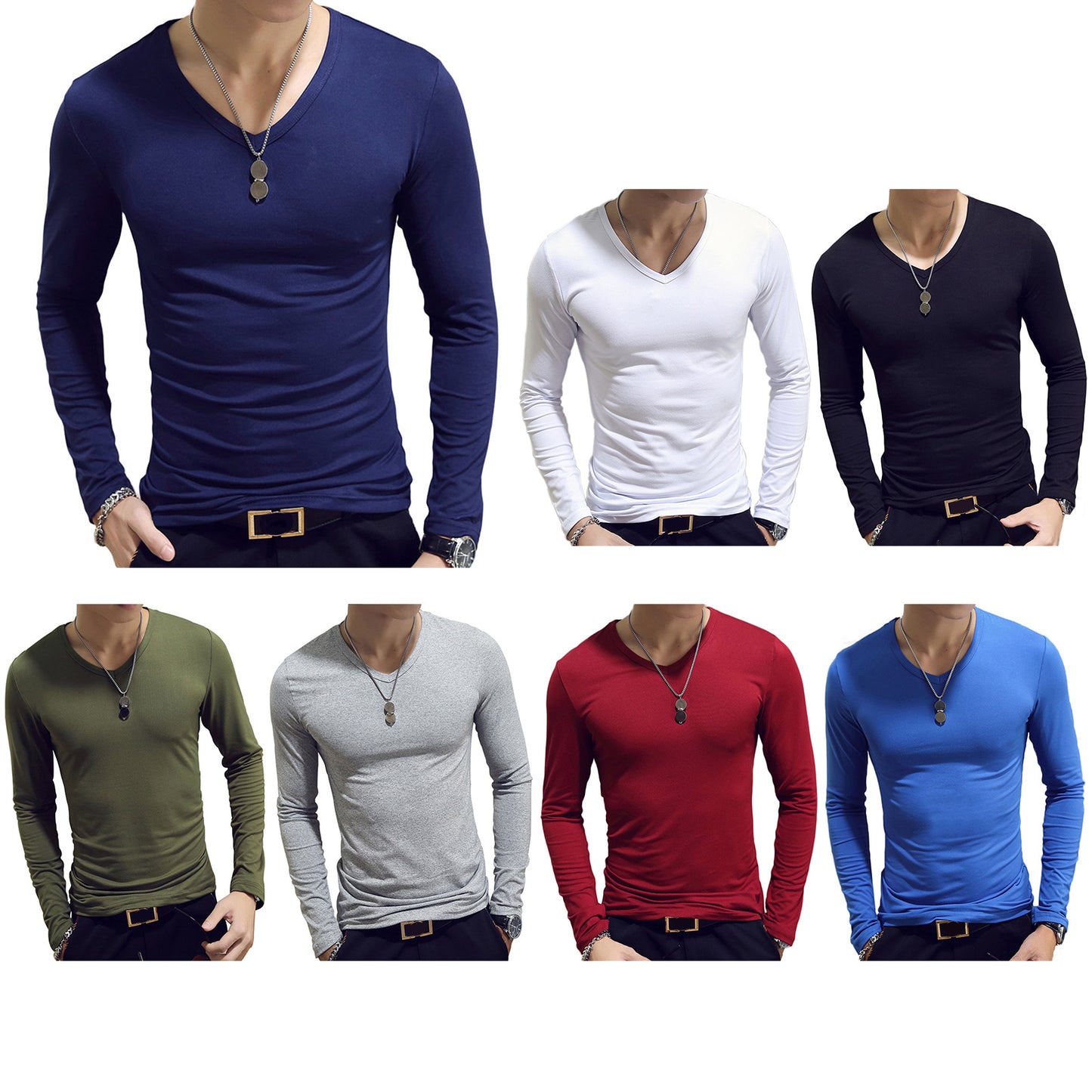 Men’s Slim Fit V-Neck Long Sleeve T-Shirt – Casual Solid Tee