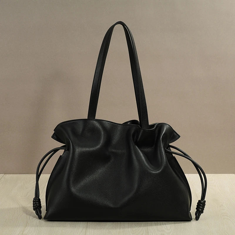 Women’s Cowhide Leather Lucky Bag – Pleated Drawstring Tote