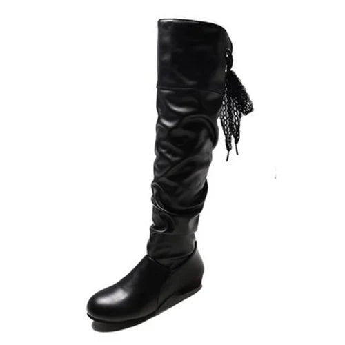 Women Knee-High Boots – Pleated Lace-Up Casual Long Shoes