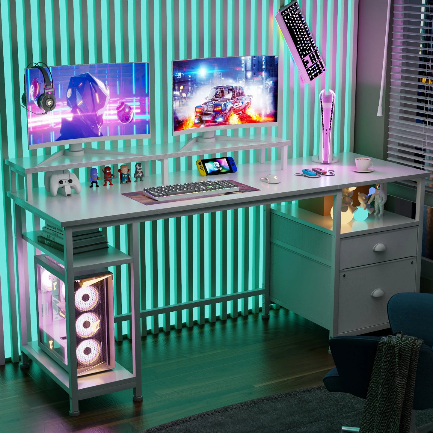 Satifur 93 inch 2-person Office Desk with Power Sockets and LED Lights,61in Computer Desk,Home Work Desk,Monitor Stands, Drawers