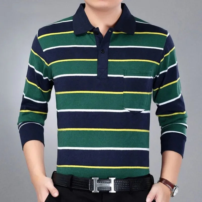 Men’s Striped Polo Shirt – Long Sleeve Cotton Casual