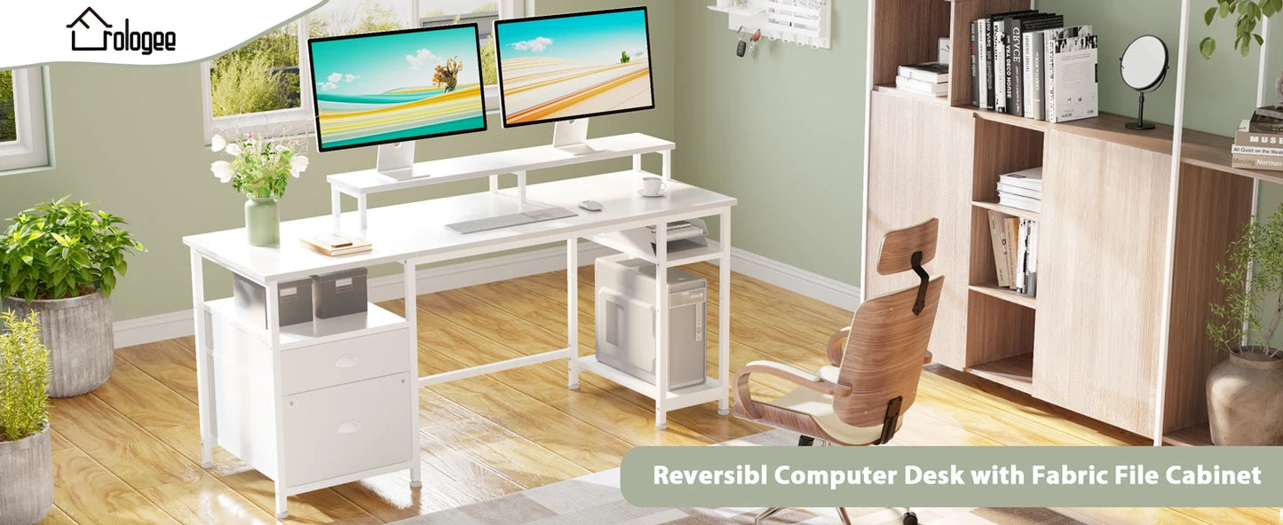 Satifur 93 inch 2-person Office Desk with Power Sockets and LED Lights,61in Computer Desk,Home Work Desk,Monitor Stands, Drawers