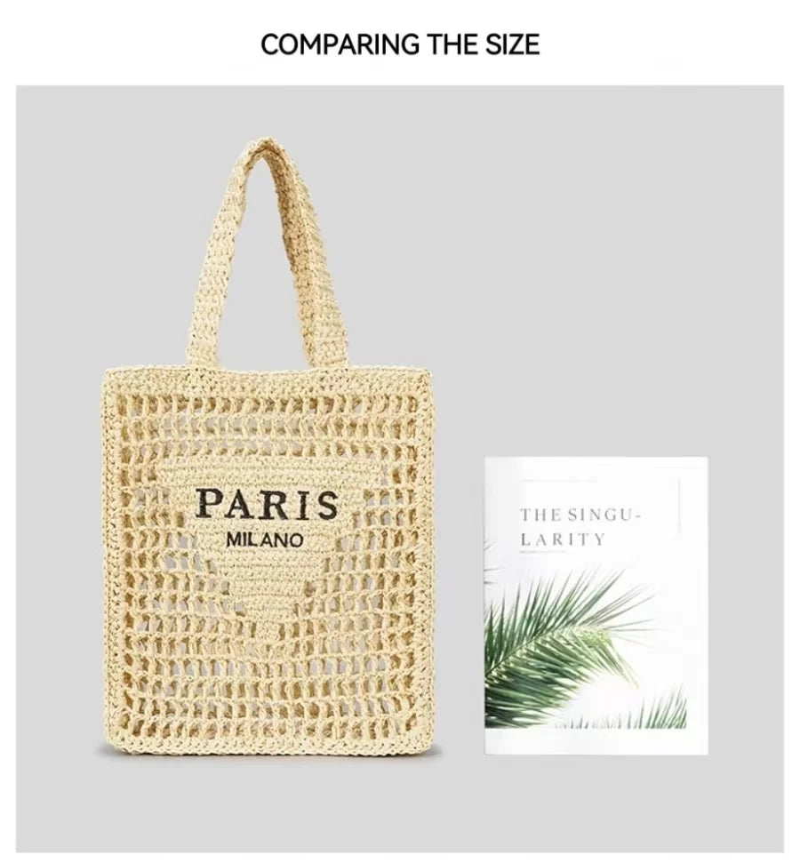 Women's Summer Beach Straw Style Tote Bag Handwoven Large Capacity Luxury Designer Travel Handbags Casual Portable Shoulder Bags