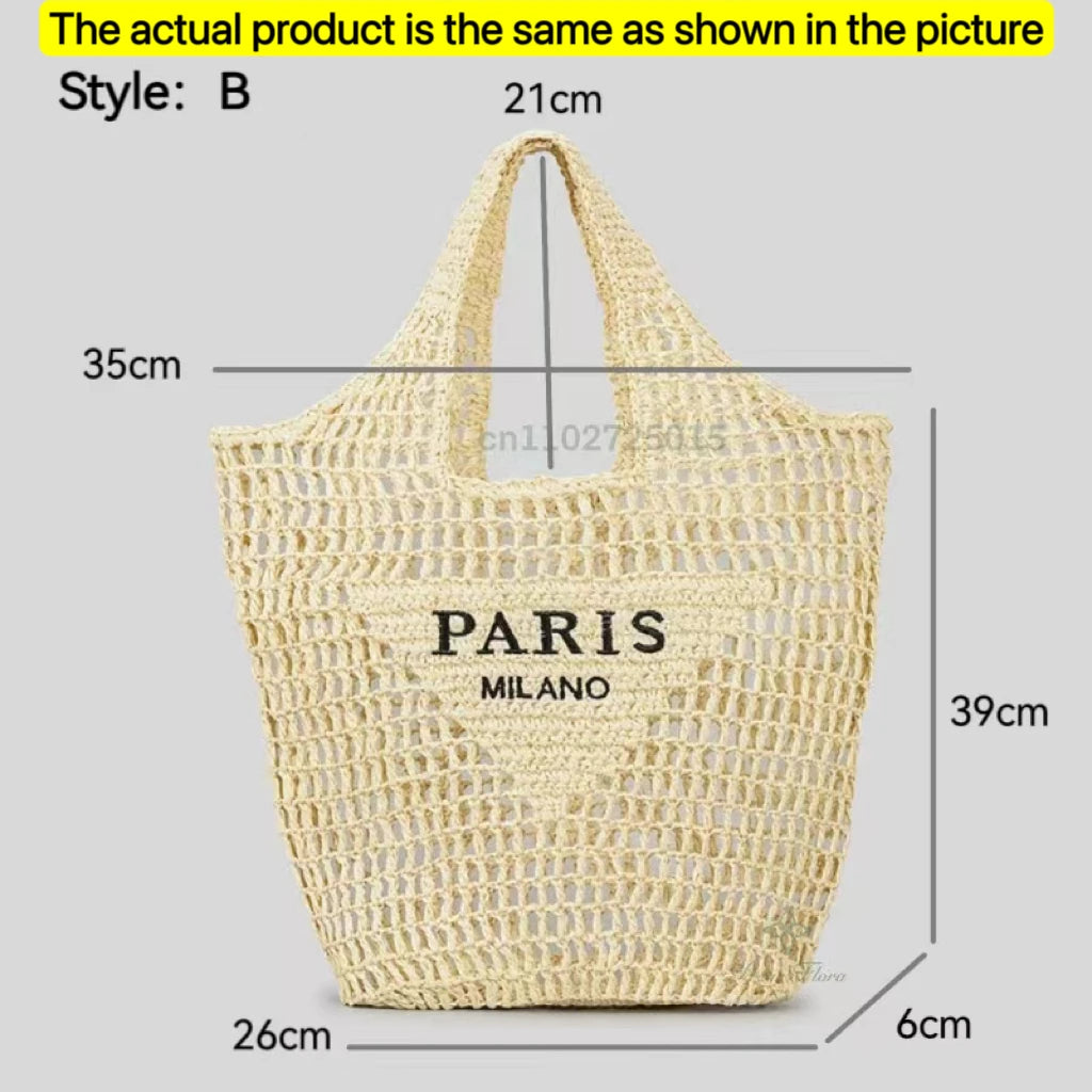 Women's Summer Beach Straw Style Tote Bag Handwoven Large Capacity Luxury Designer Travel Handbags Casual Portable Shoulder Bags
