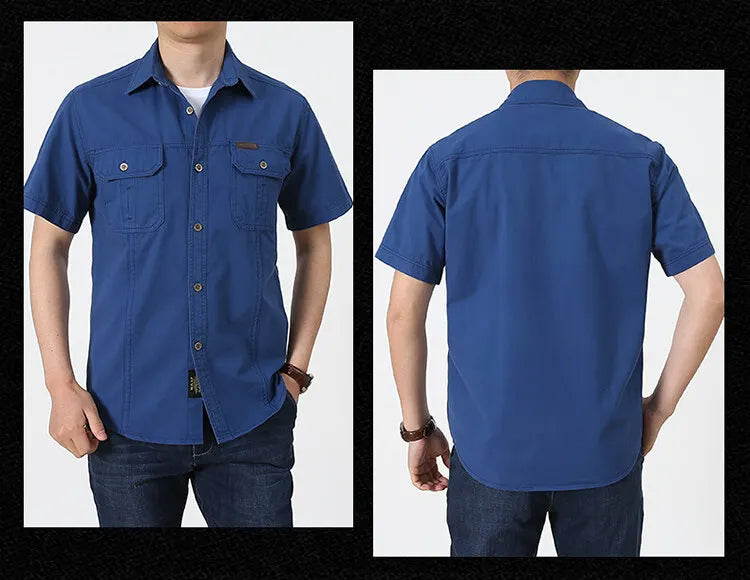 Men Cargo Shirt Short Sleeve Casual Cotton Work Shirt