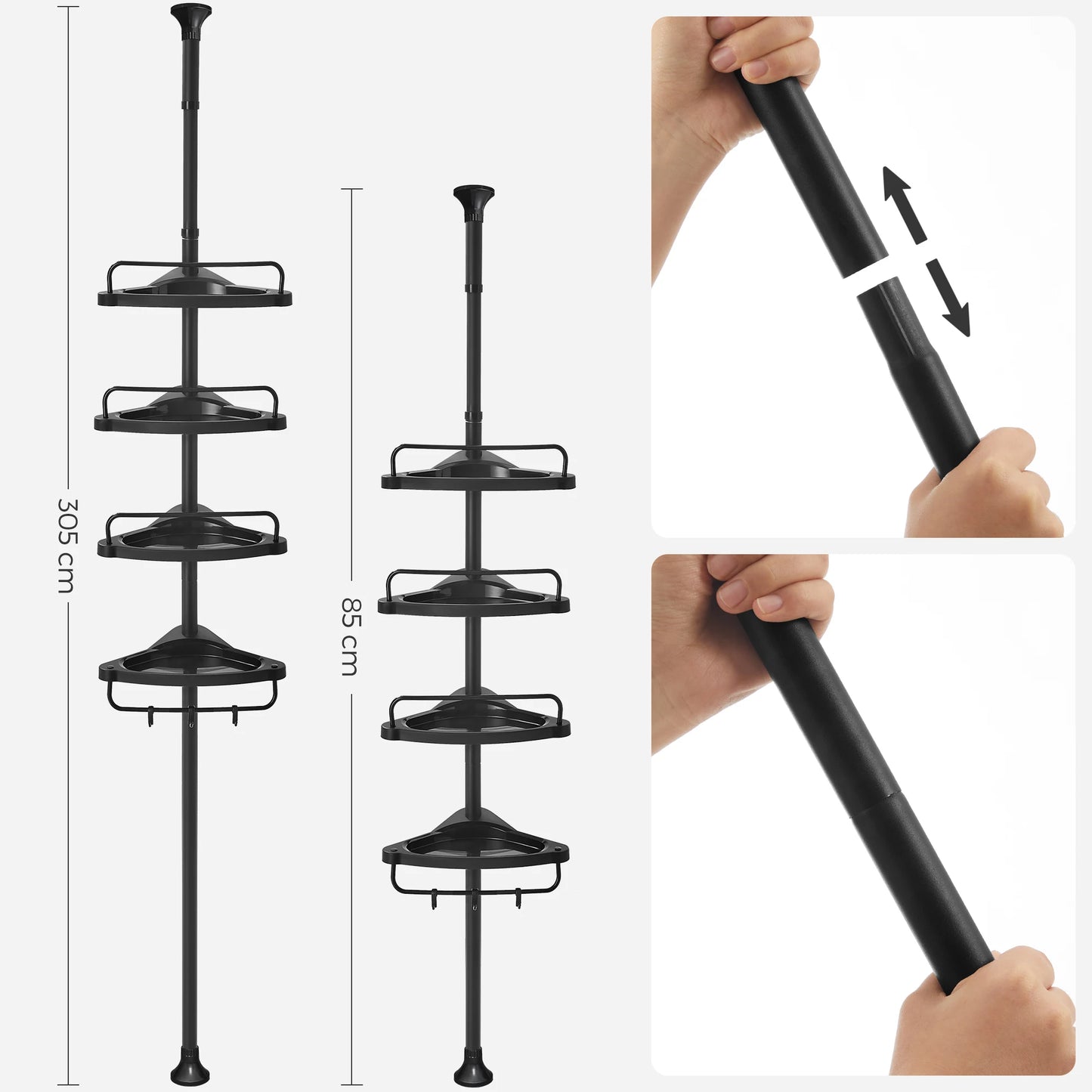 SONGMICS Shower Corner Shelf, 4-Tier Bathroom Shower Shelf, 85-305 cm Adjustable Shower Caddies, Bathroom Organiser