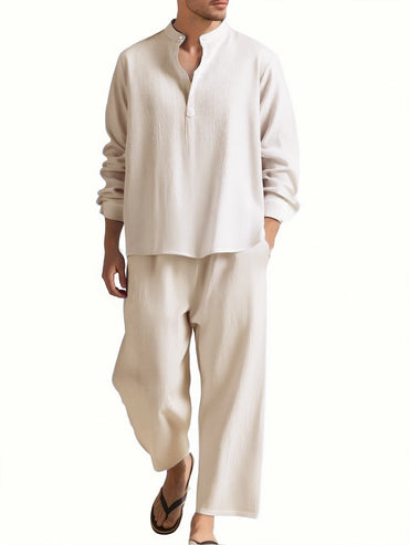 Men’s Summer Beachwear Set – V-Neck Shirt & Pants