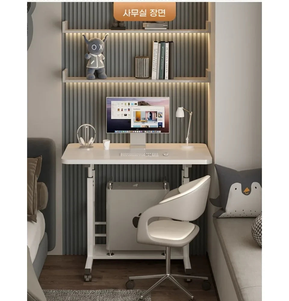 Simple Double-Layer Small Office Desk Floor Standing Simplicity Bedside Desk Adjustable Height Side Mobile Laptop Computer Table