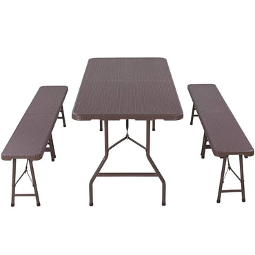 Camping Table Foldable 1 and 2 Benches, HDPE Plastic Panel, Waterproof, with Steel Frame, Patio Outdoor Furniture Set