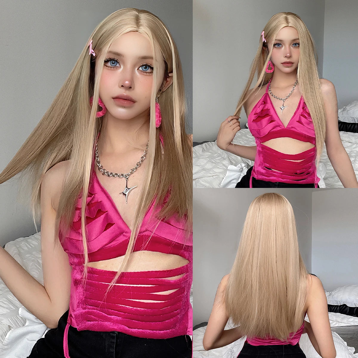 Reddish Brown Straight Layered Synthetic wig with Bangs Long hair Copper Ginger Wig for Women Daily Use Heat Resistant Wigs