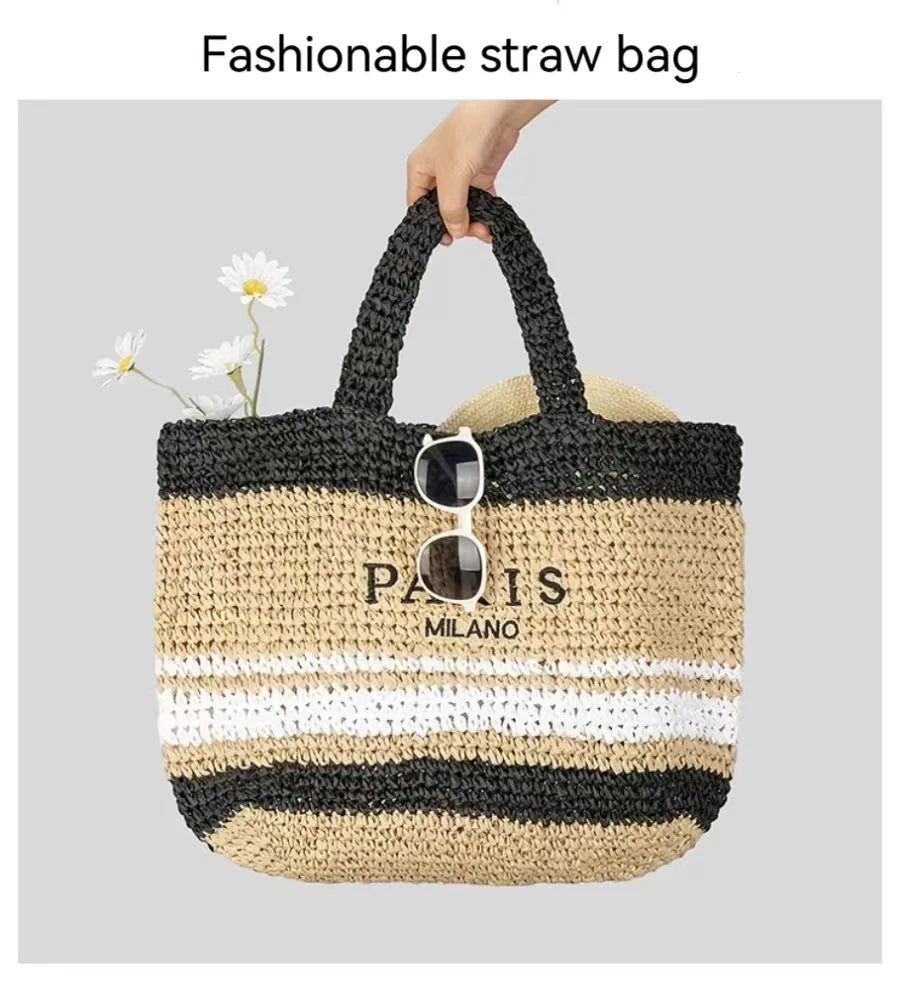 Women's Summer Beach Straw Style Tote Bag Handwoven Large Capacity Luxury Designer Travel Handbags Casual Portable Shoulder Bags