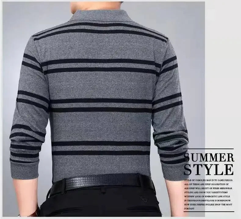 Men’s Striped Polo Shirt – Long Sleeve Cotton Casual