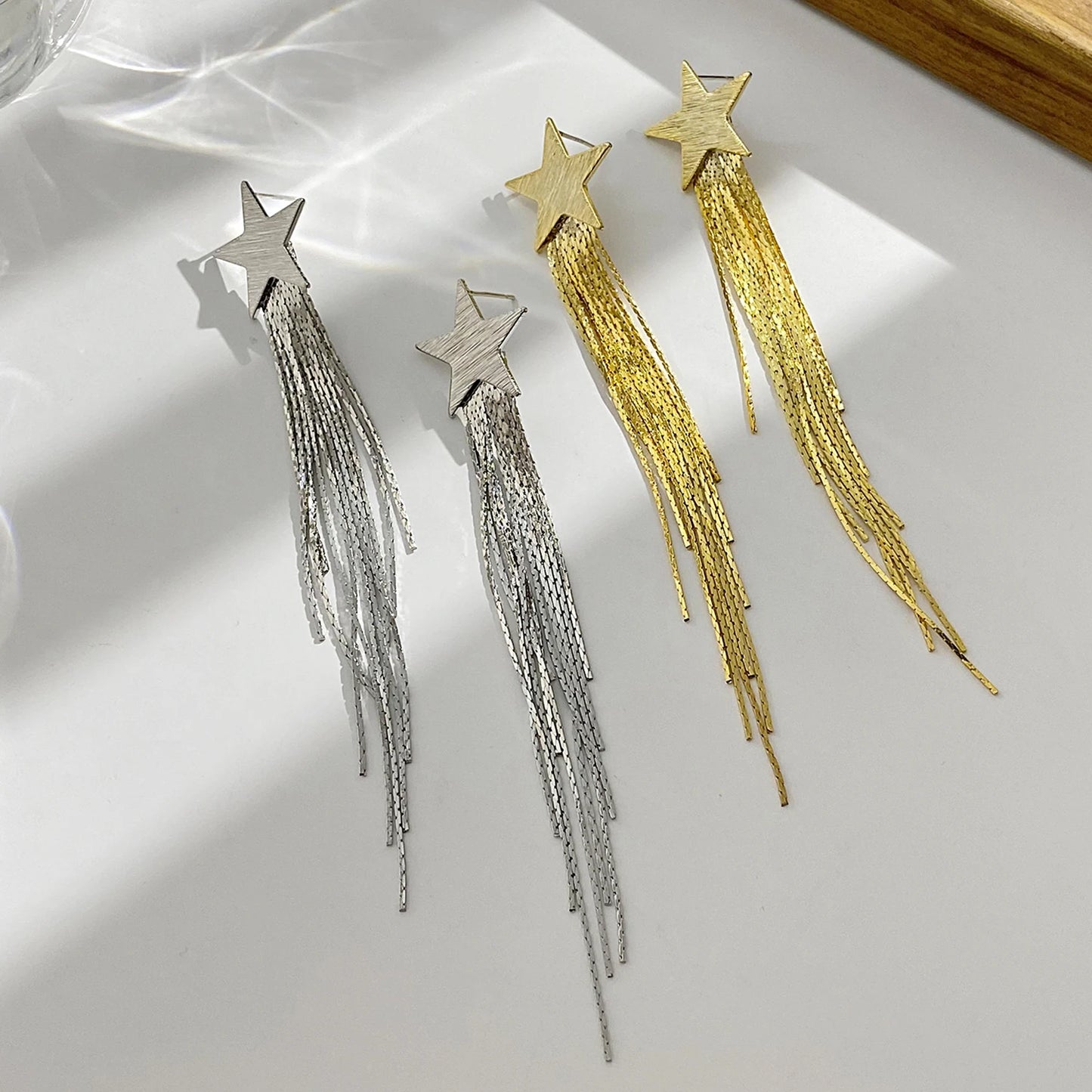 AENSOA Gold Star Tassel Drop Earrings for Women