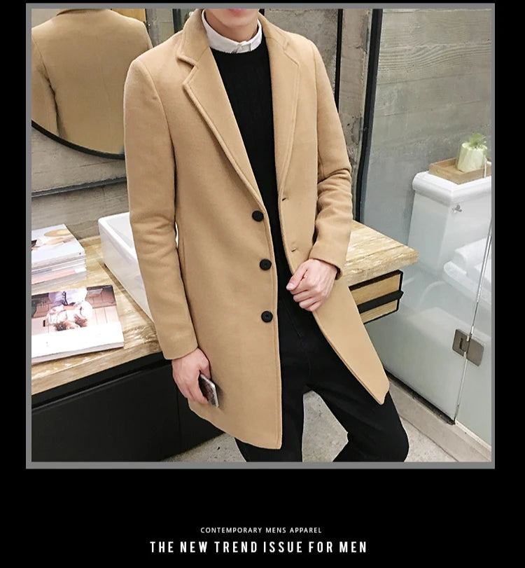 Men’s Woolen Long Coat – Slim Fit Korean Vintage Overcoat