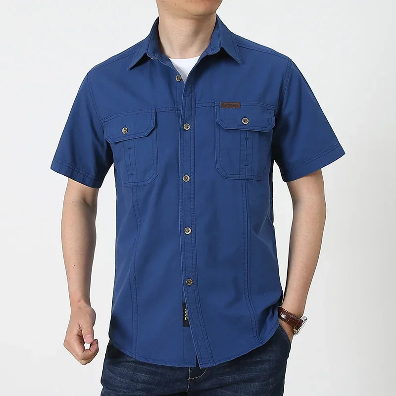 Men Cargo Shirt Short Sleeve Casual Cotton Work Shirt