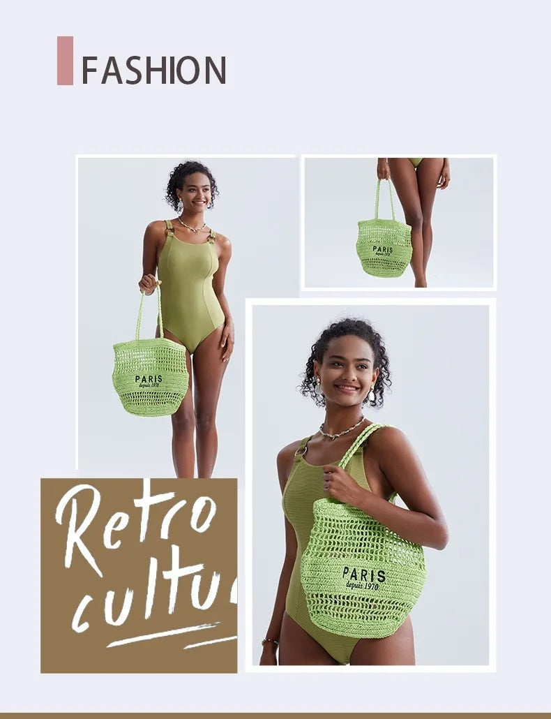 Women's Summer Beach Straw Style Tote Bag Handwoven Large Capacity Luxury Designer Travel Handbags Casual Portable Shoulder Bags