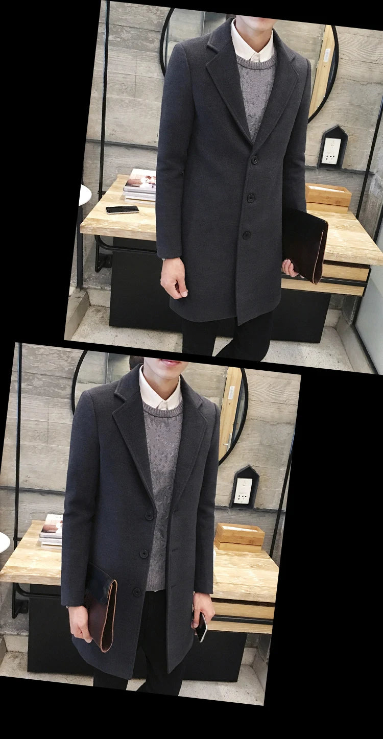 Men’s Woolen Long Coat – Slim Fit Korean Vintage Overcoat