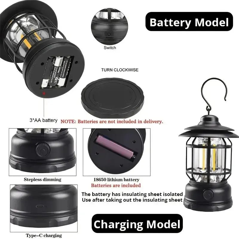 Retro Camping Lantern - Portable Tent/Table Lamp with Hanging Hook - Ideal for Outdoor Adventures, Garden Decor - Battery