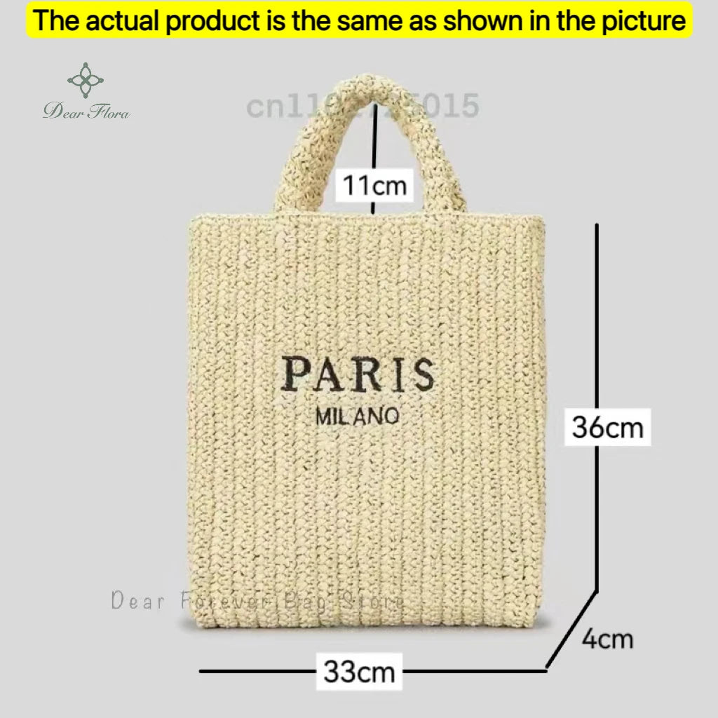 Women's Summer Beach Straw Style Tote Bag Handwoven Large Capacity Luxury Designer Travel Handbags Casual Portable Shoulder Bags
