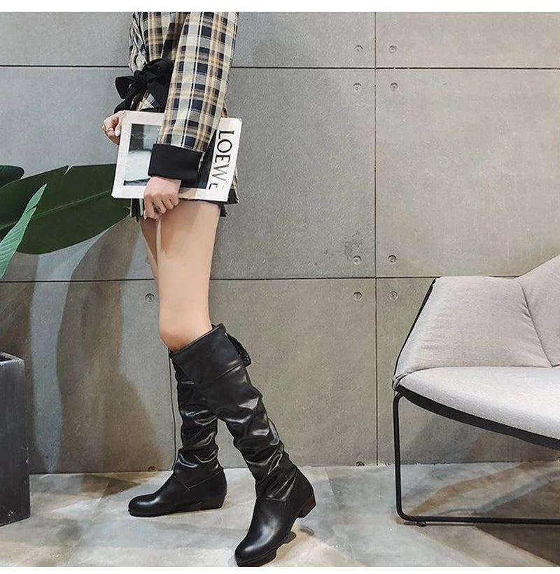 Women Knee-High Boots – Pleated Lace-Up Casual Long Shoes