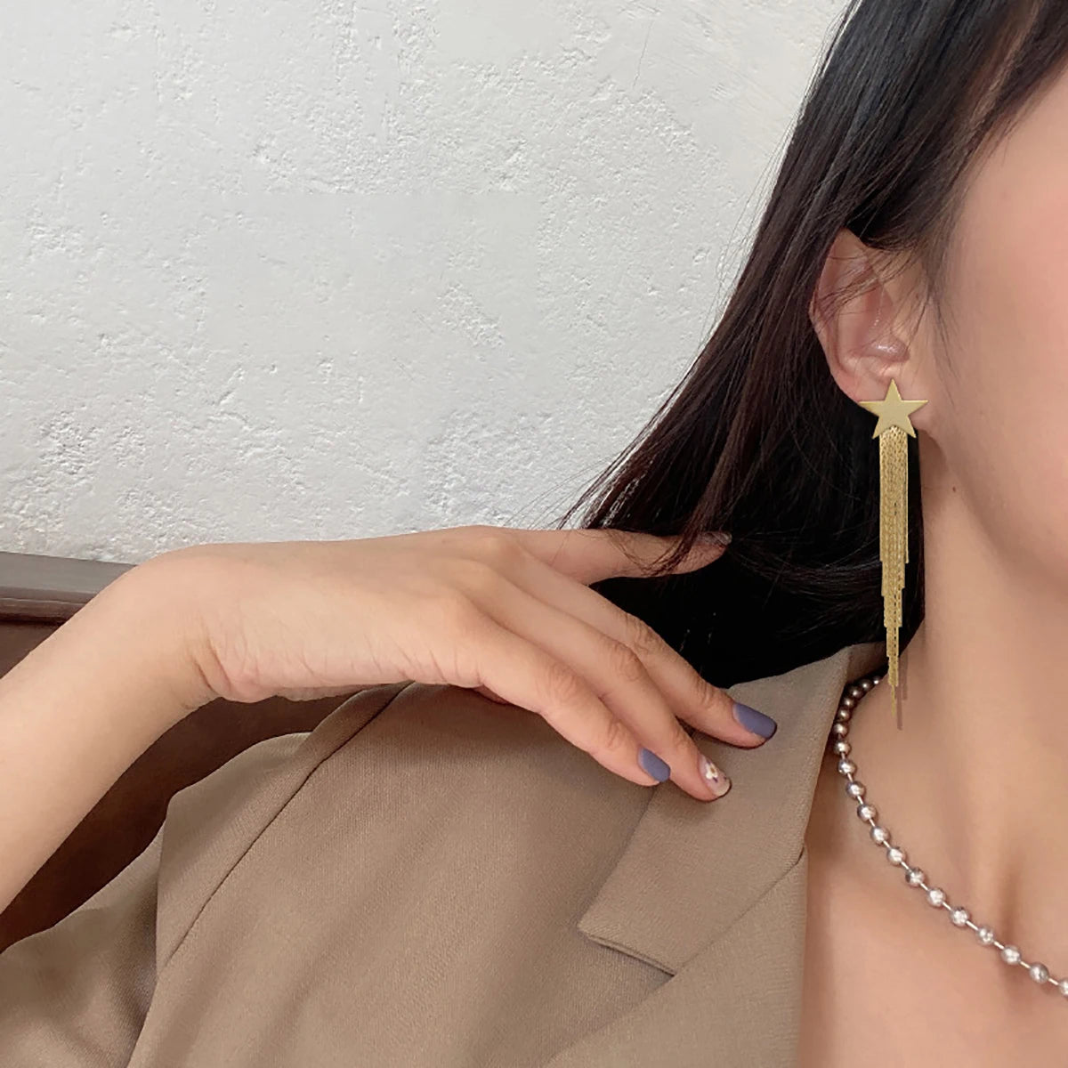 AENSOA Gold Star Tassel Drop Earrings for Women