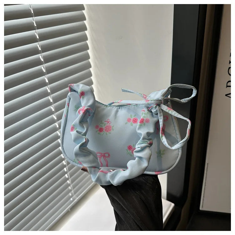 Women's Underarm Bag Summer Canvas Pleated Handlebags Armpit Purse FloralBow Printed Zipper Tote Handbag Female Y2k Shoulder Bag