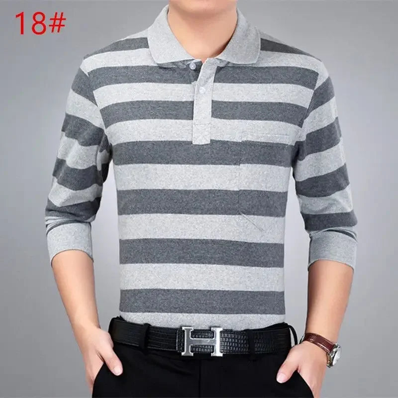 Men’s Striped Polo Shirt – Long Sleeve Cotton Casual