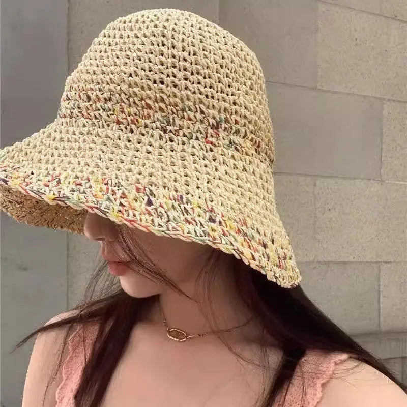 Rainbow woven women's sunscreen hat summer Japanese straw hat  protective fashion, breathable hollow beach sun hat