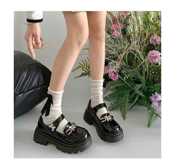 2025 Woman Elegant Shoes Spring New Fashion French Style Soft Non-slip Versatile Chic Butterfly Black Mary Jane Leather Shoes