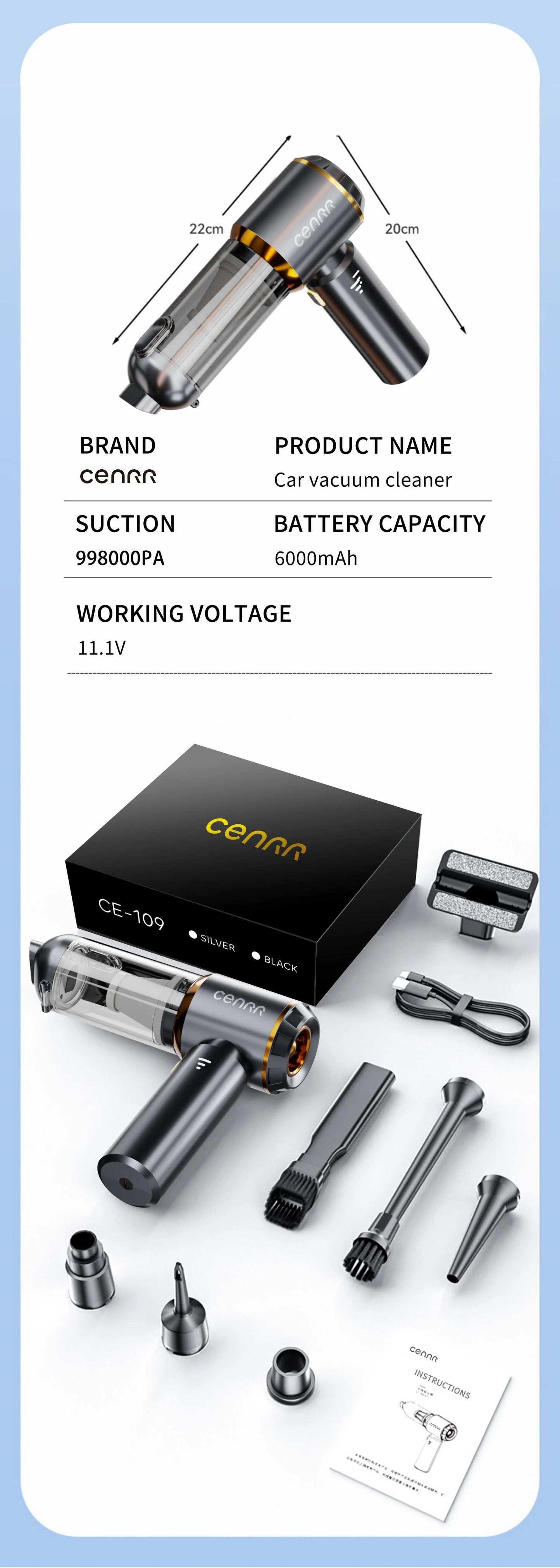 CENRR 998000PA Cordless Mini Car Vacuum Cleaner