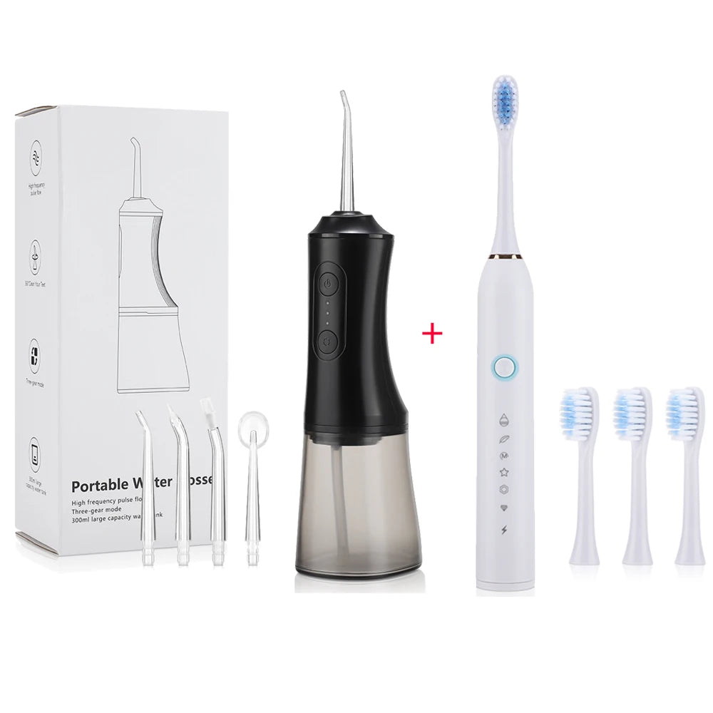 Portable Oral Irrigator Water Flosser + Electric Toothbrush Rechargeable Dental Water Jet Teeth Cleaning Whitening Oral Care Set