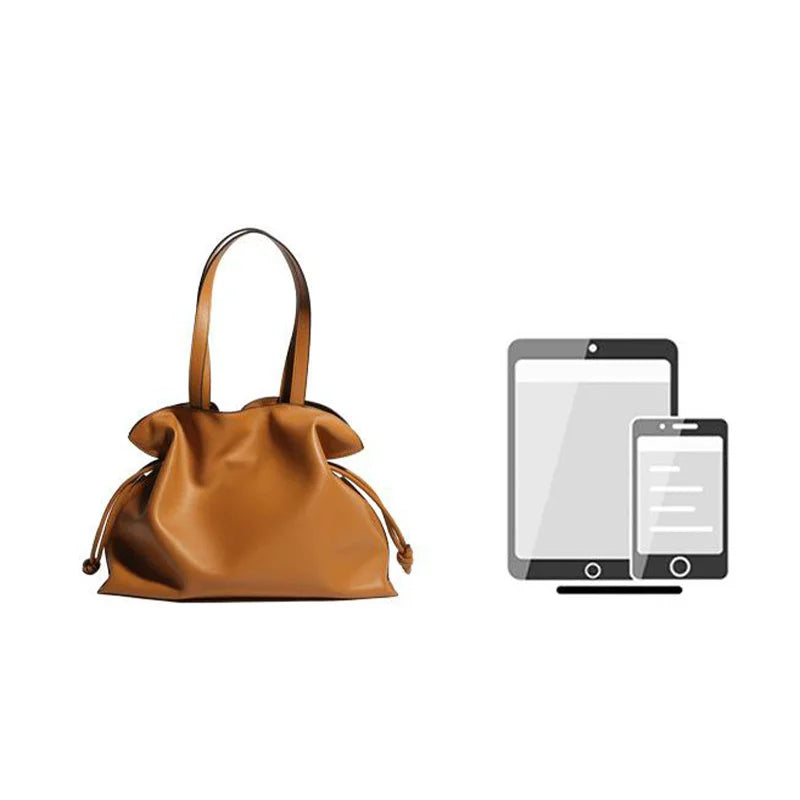 Women’s Cowhide Leather Lucky Bag – Pleated Drawstring Tote