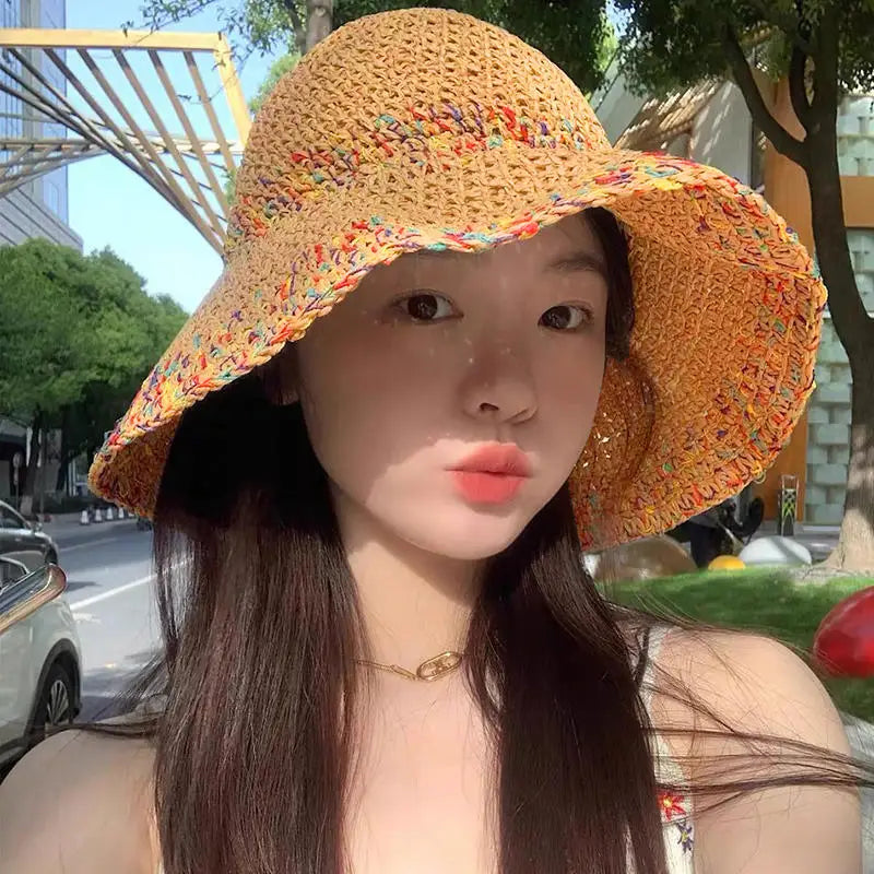 Rainbow woven women's sunscreen hat summer Japanese straw hat  protective fashion, breathable hollow beach sun hat