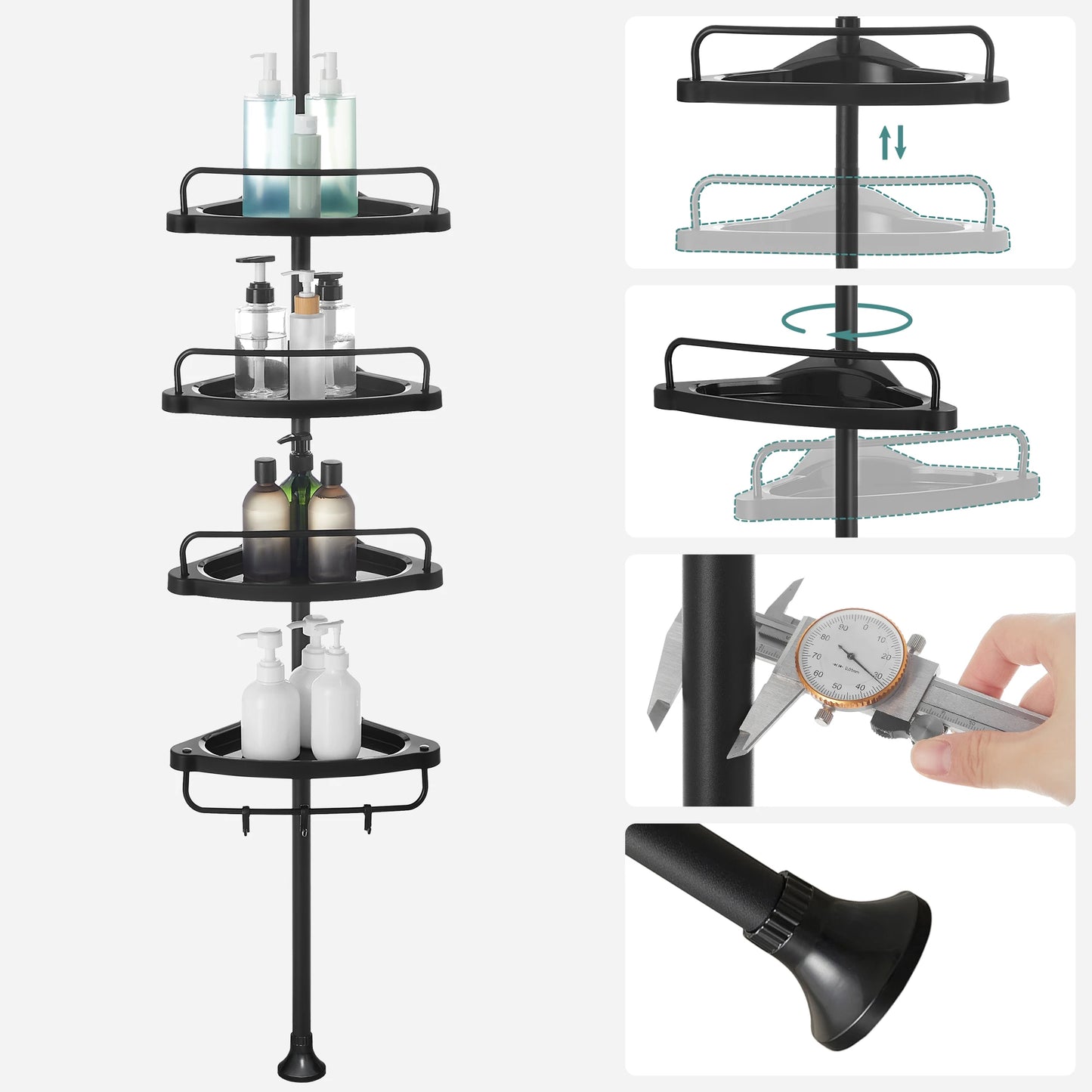 SONGMICS Shower Corner Shelf, 4-Tier Bathroom Shower Shelf, 85-305 cm Adjustable Shower Caddies, Bathroom Organiser