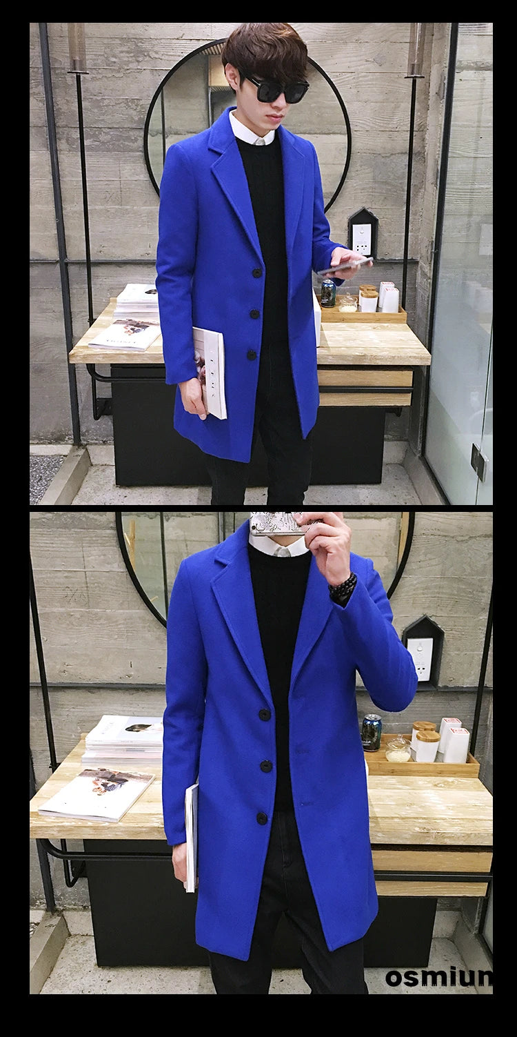 Men’s Woolen Long Coat – Slim Fit Korean Vintage Overcoat
