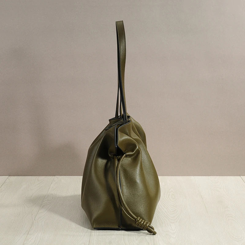 Women’s Cowhide Leather Lucky Bag – Pleated Drawstring Tote