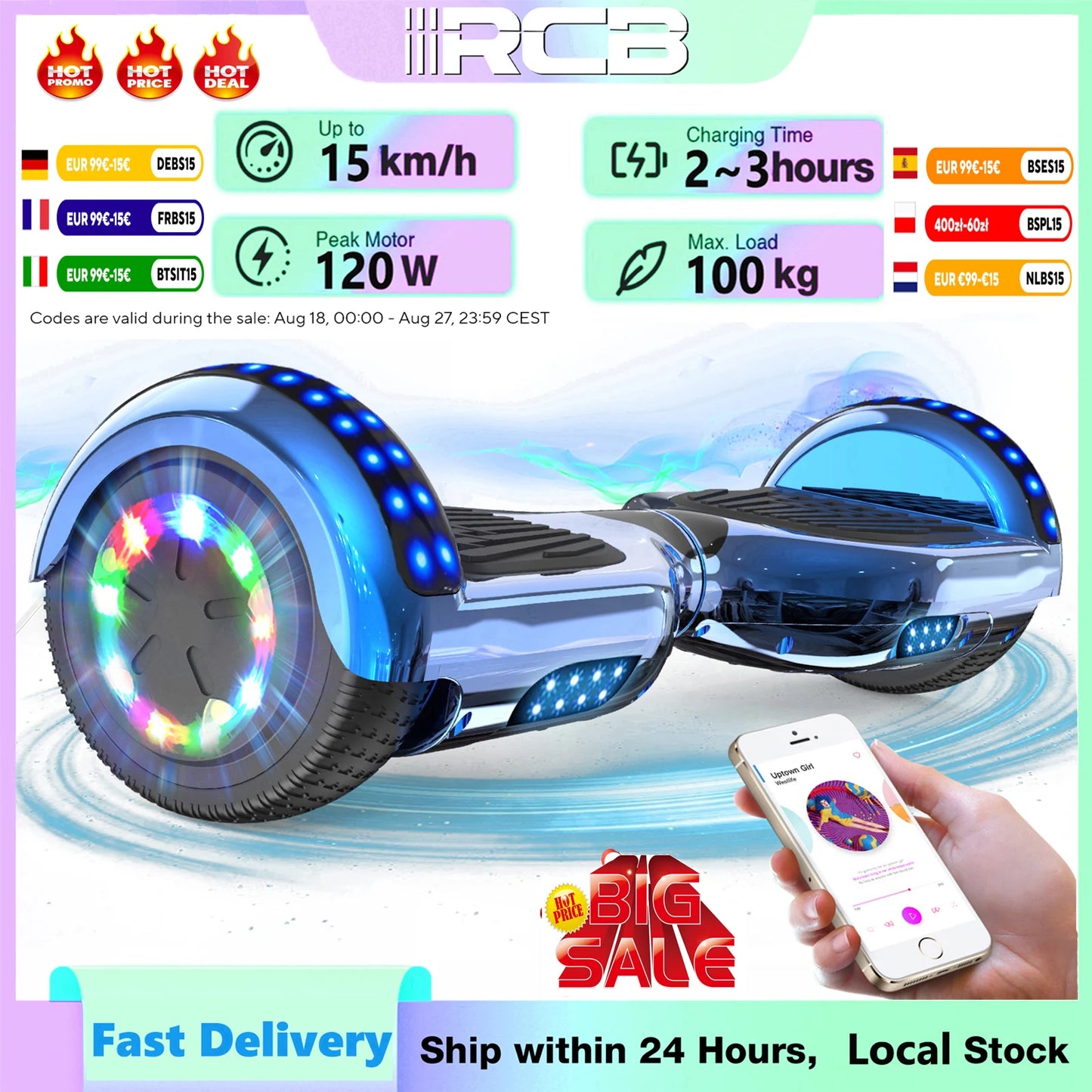 RCB Hoverboard, 6.5 Inch Two Wheel Hoverboard with Bluetooth Speaker with LED Light, Hoverboard Great Gift for Kids and Adults