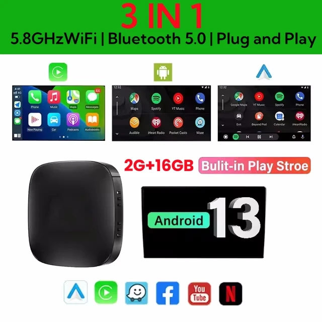 Smart CarPlay AI Box – Android 13 Wireless Auto TV