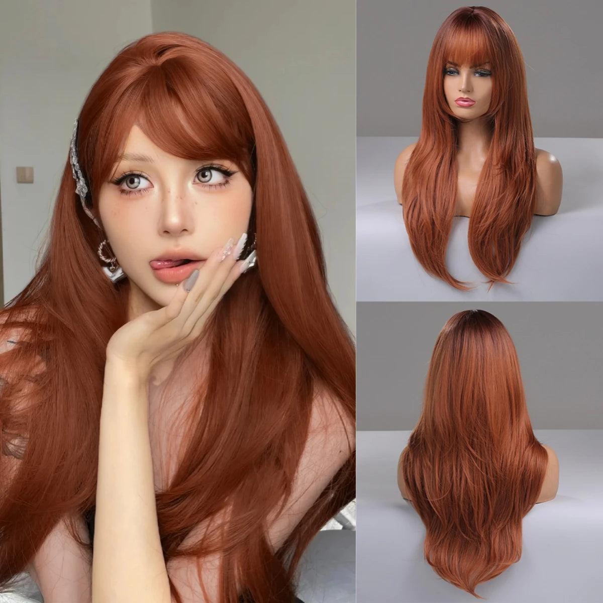 Reddish Brown Straight Layered Synthetic wig with Bangs Long hair Copper Ginger Wig for Women Daily Use Heat Resistant Wigs