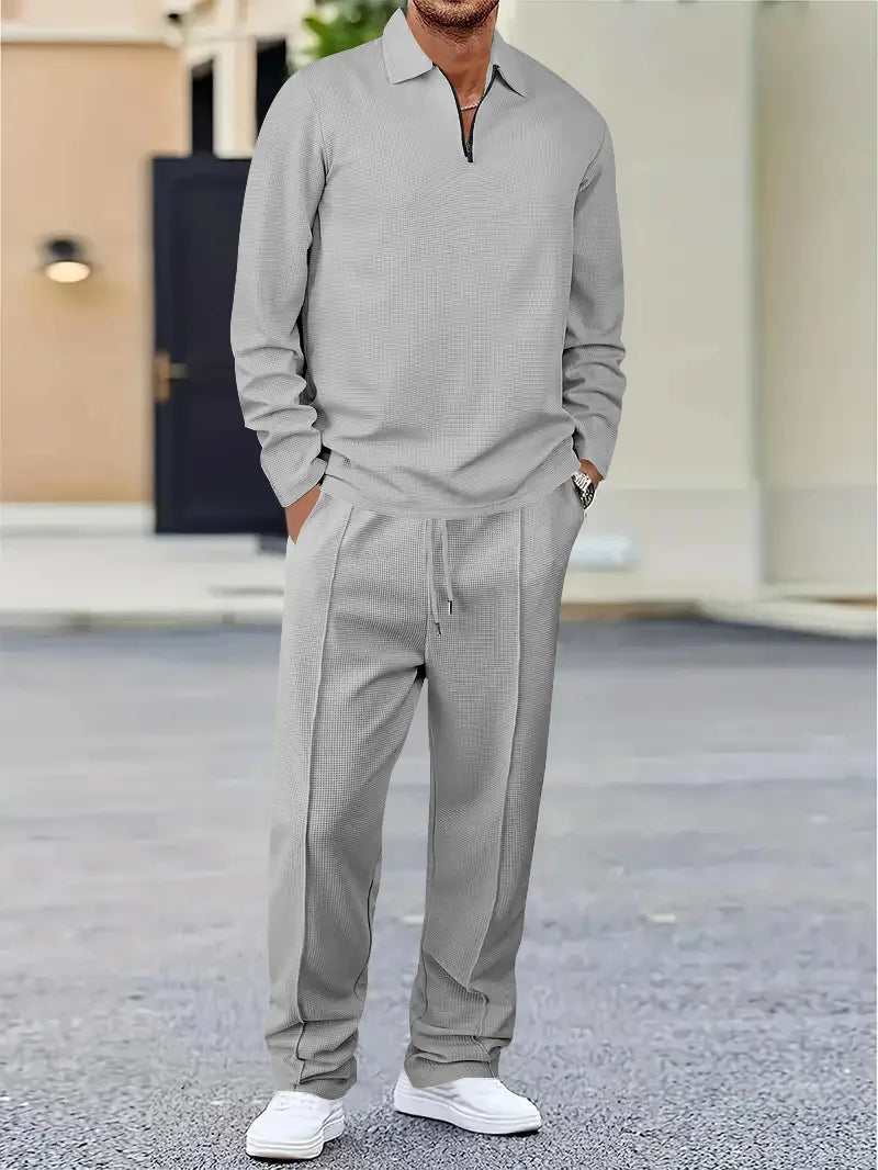 Spring and Autumn Men's Clothing Waffle Fabric Men's Suit Fashion Casual Zipper and Lapel Long Sleeve POLO Shirt Trousers Suit