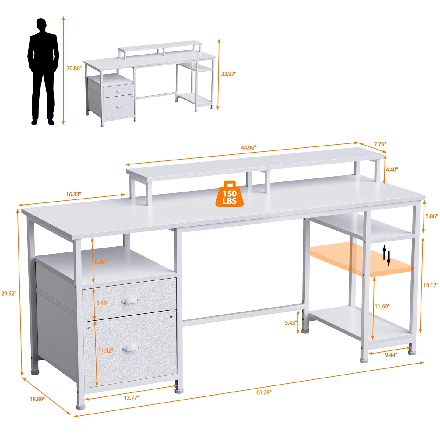 Satifur 93 inch 2-person Office Desk with Power Sockets and LED Lights,61in Computer Desk,Home Work Desk,Monitor Stands, Drawers