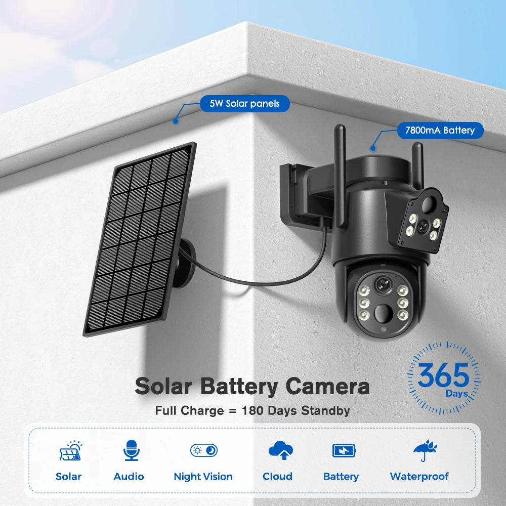 4K 8MP Solar Security Camera – Dual Lens WiFi PIR IP Camera