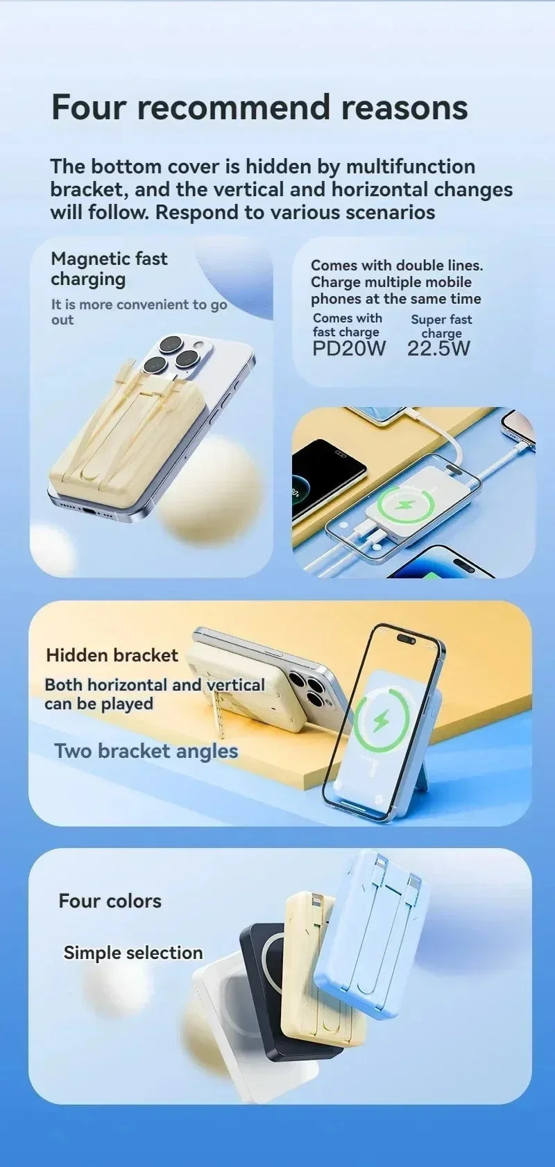 Wireless power bank, built-in cable holder, large capacity, super fast charging, power bank, magnetic, 30000mAh, new