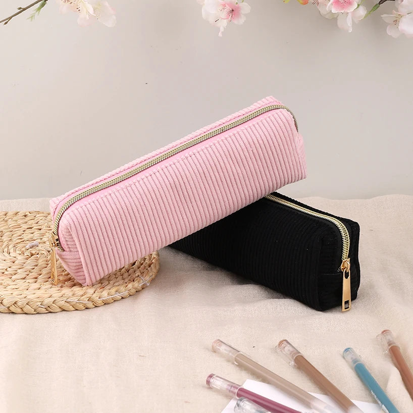 Solid Color Pencil Case Estuche Escolar Pencils Cases Trousse Corduroy Pen Case Stationery Simple School Supplies Pencil Pouch