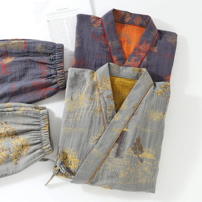 Men’s Cotton Kimono Pajama Robe – Jacquard Print Loungewear